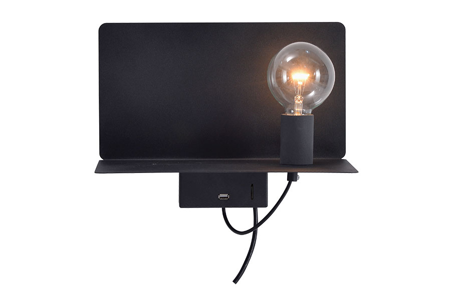 Dual vegglampe Sort høyre/venstre med hylle og USB stikk.