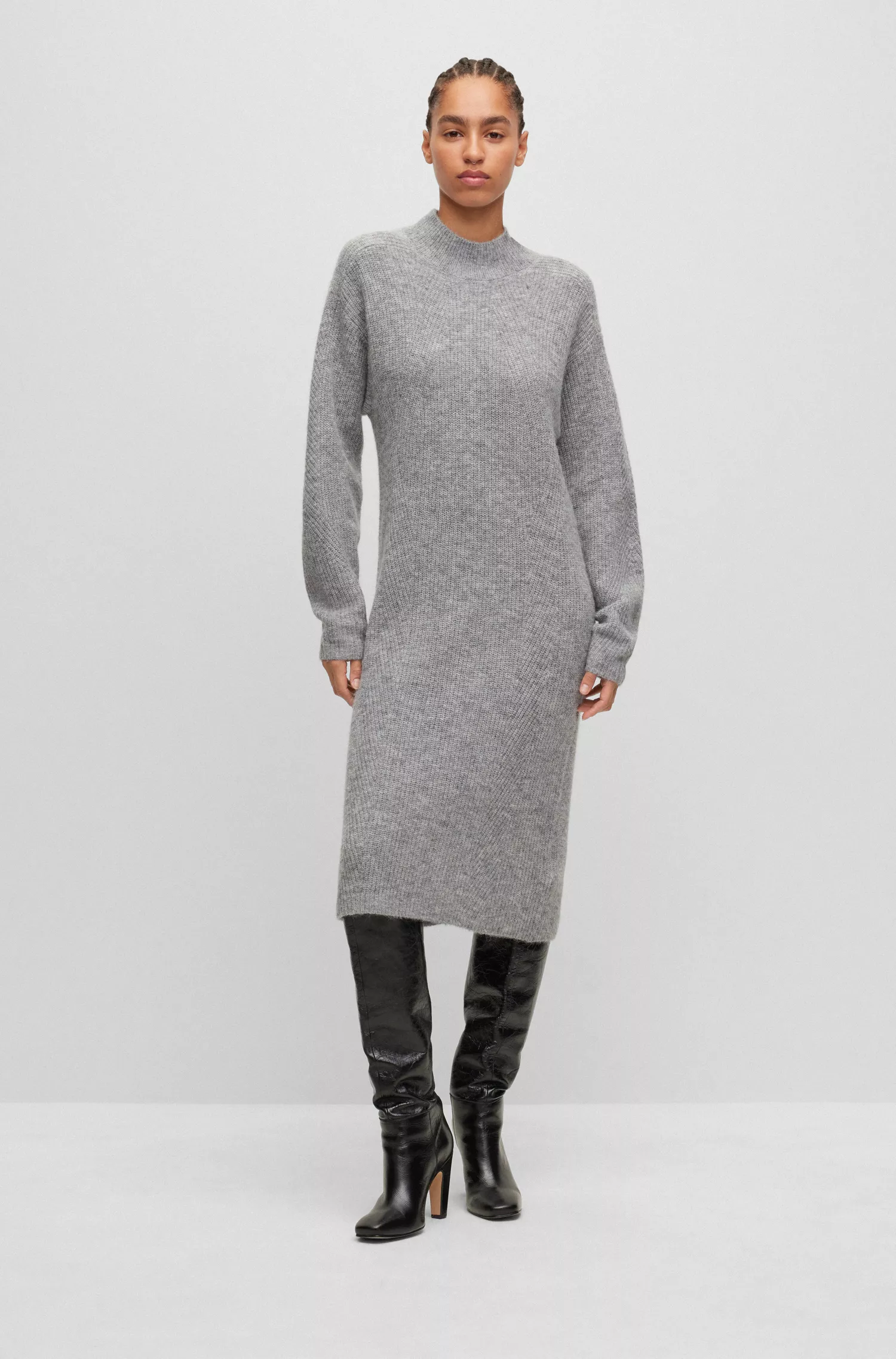 Vestido BOSS laranja de gola alta em malha com textura canelada mista.