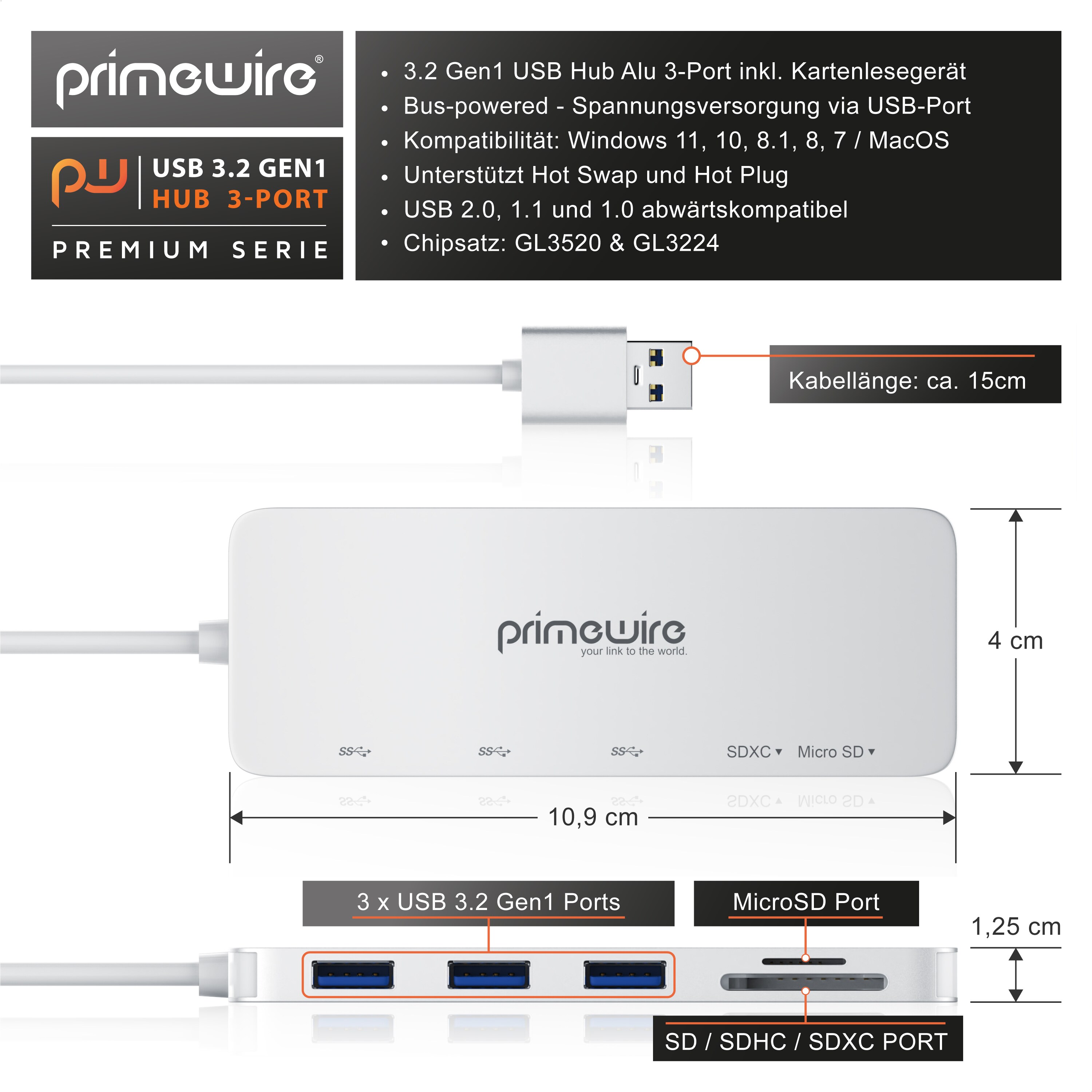 Primewire 3-Port USB 3.2 Gen1 Hub mit USB Typ C Anschluss inkl. Kartenlesegerät microSD/SD Karten Slot