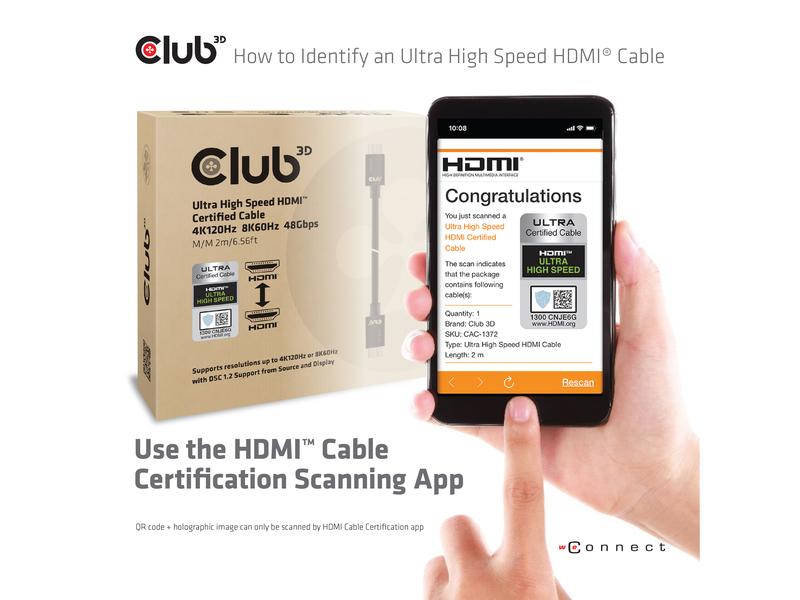 Club 3D Kabel Ultra High Speed 4K120Hz, 8K60Hz HDMI 2.1 - H Ultra High Speed HDMI 2.1-Kabel mit Unterstützung für Auflösungen bis zu 4K @ 120Hz oder 8K @ 60Hz