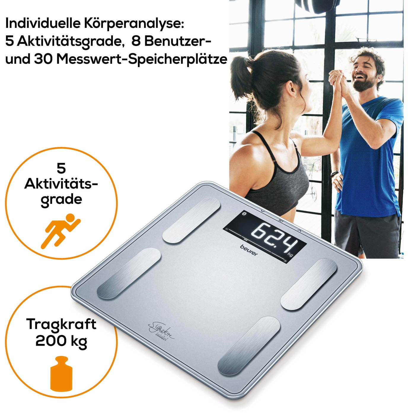 Diagnosewaage BF 405 Signature Line Bluetooth Personen Waage zur Körperanalyse mit App Funktion (iOS / Android) (76006) - Silber