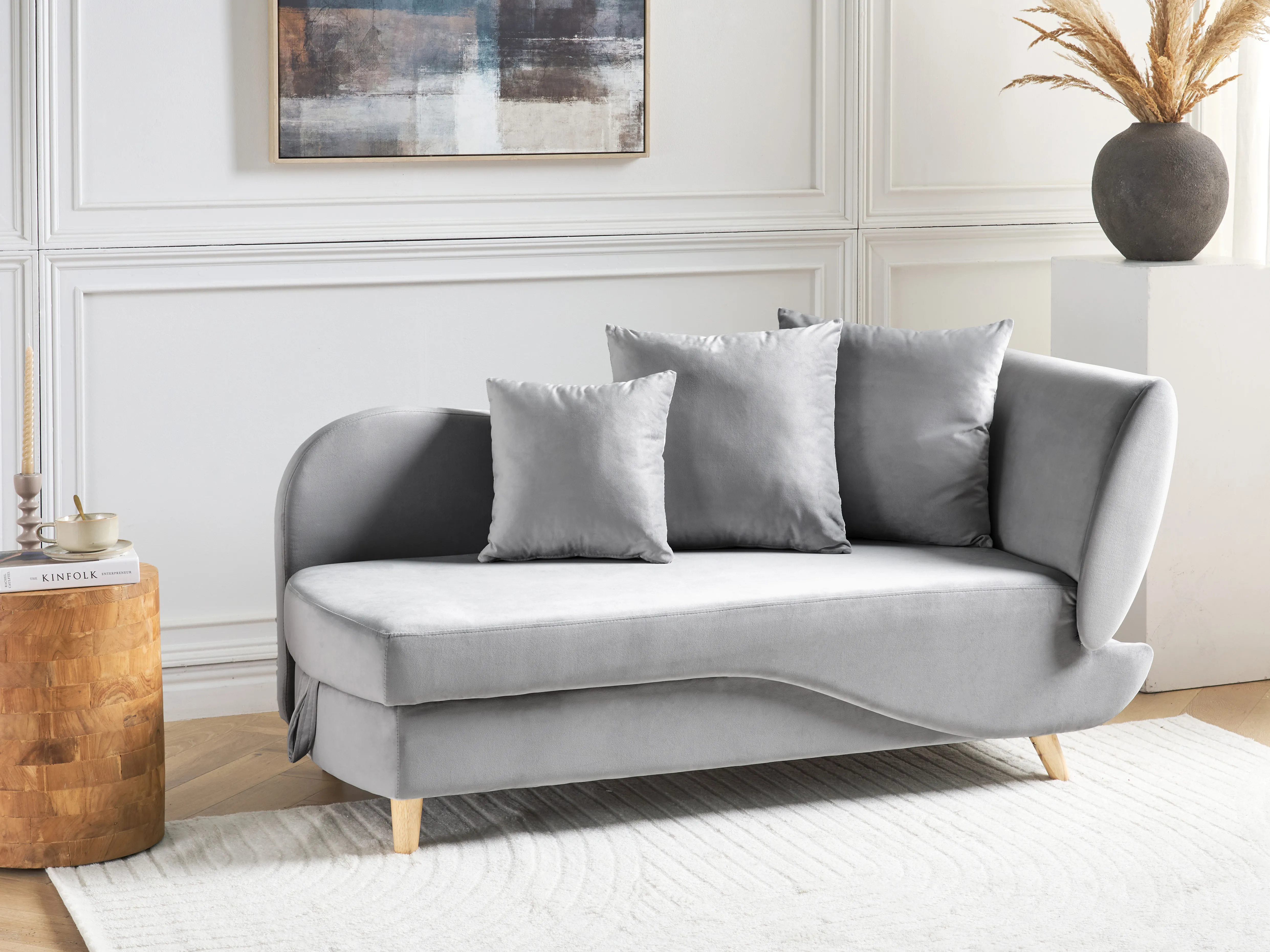 Rechtszijdige chaise longue MERI Fluweel Lichtgrijs met opbergruimte