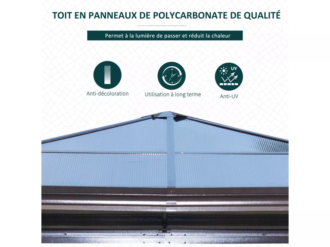 Tonnelle pavillon de jardin imperméable 4 parois latérales anti-UV 4 moustiquaires panneaux polycarbonate alu 3L x 3l x 2,6H m chocolat beige