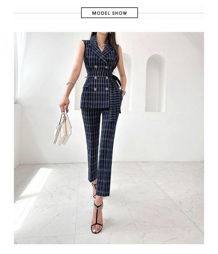 Aurora - Set: Dubbelrijs geruit vest + High Rise Dress Pants