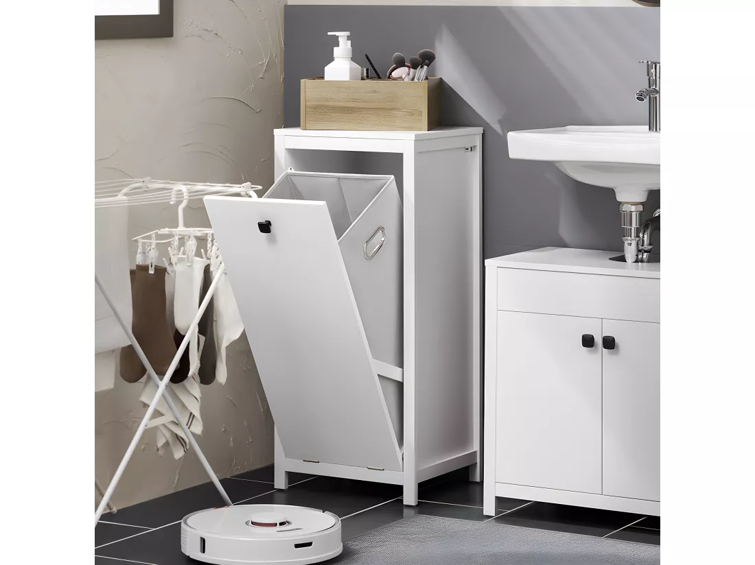 SoBuy Armoire à Linge avec Sac à Linge, Meuble Bas de Salle de Bain, Commode pour Salle de Bain, Coffre à Linge, Porte Vêtement avec 1 Panier à Linge, Blanc, 40x35x90 cm, BZR96-W