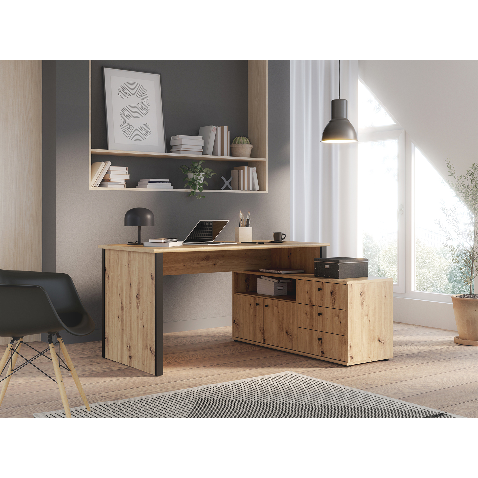 Schreibtisch - Artisan Eiche-schwarz - 121x151 cm