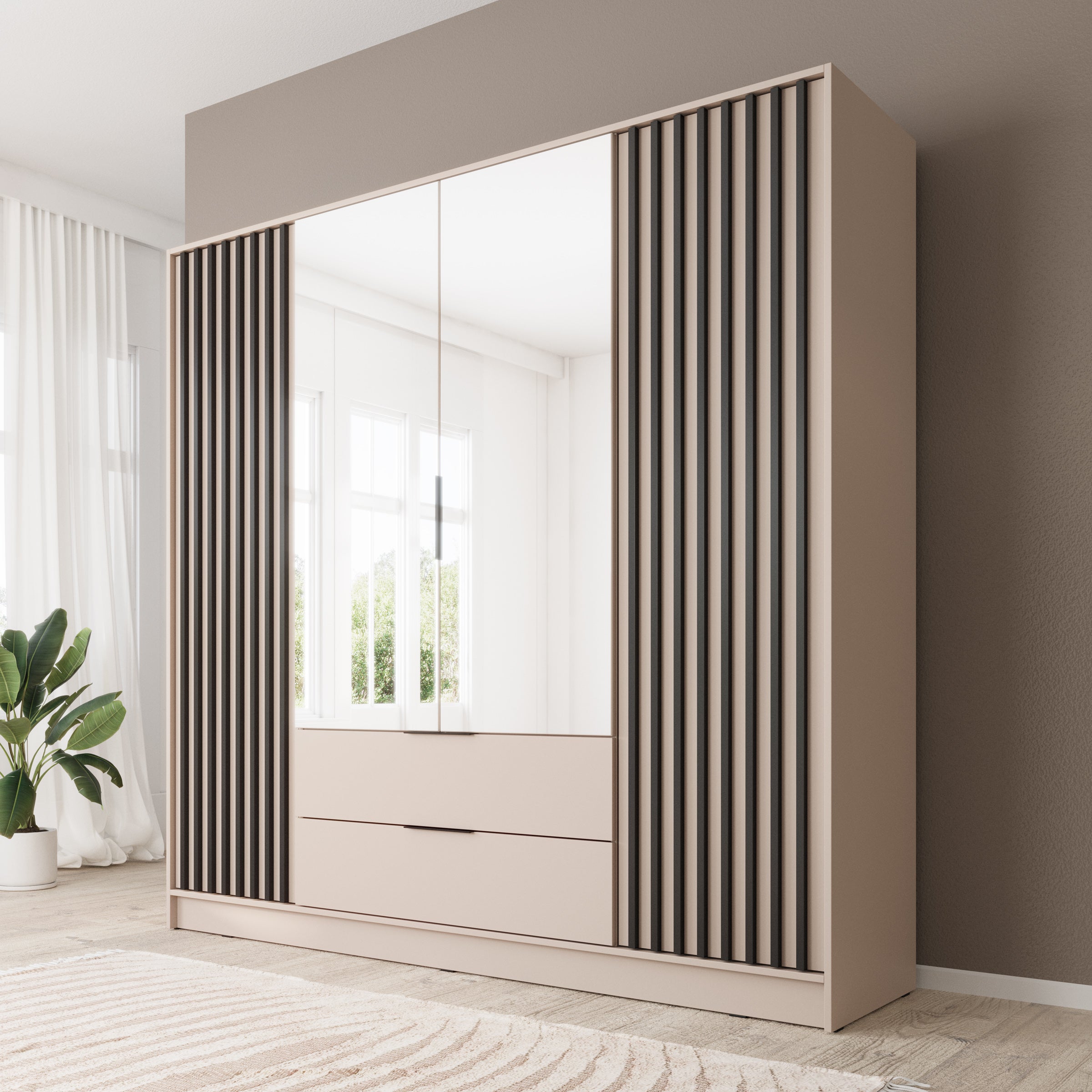 Nairobi - Kledingkast met spiegel - Beige/zwart - 206x51x200 cm