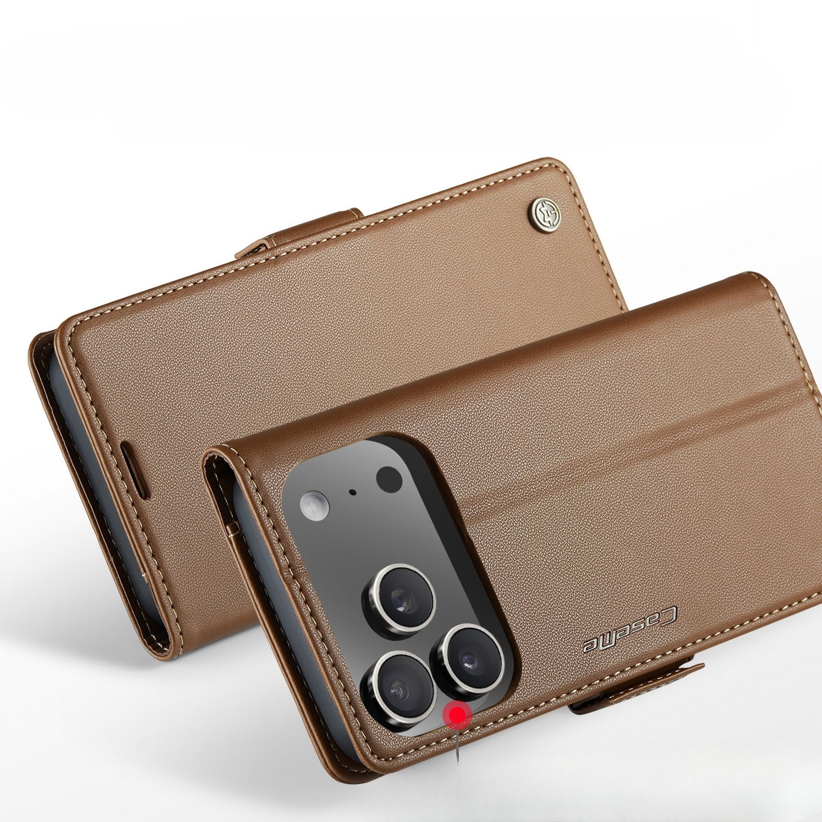 iPhone 17 Pro Leder Tasche Flip Wallet Etui mit Kartenfächern Litchi Look (RFID Schutz) - Braun