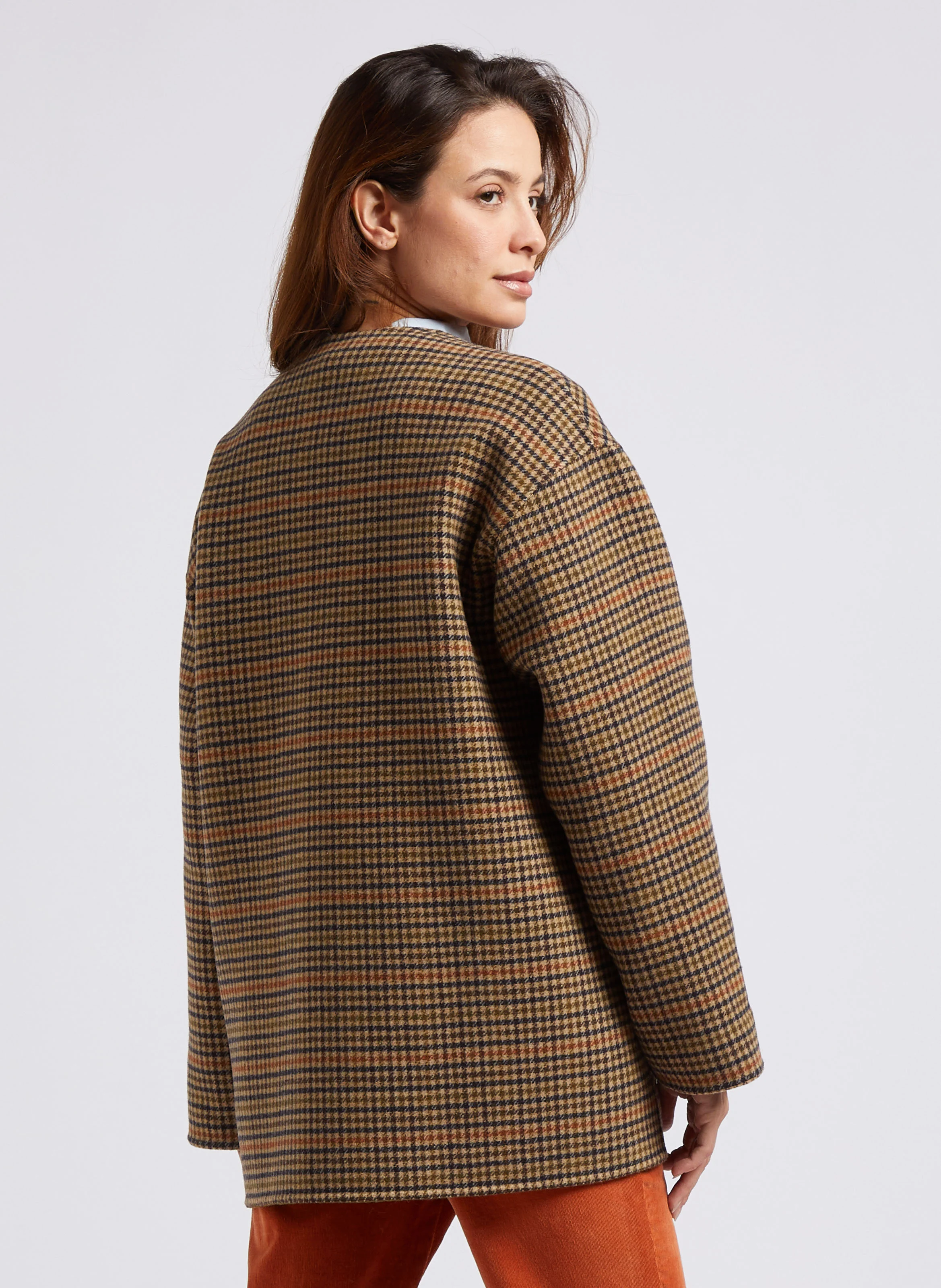 Veste réversible droite col V en laine mélangée | Kaki