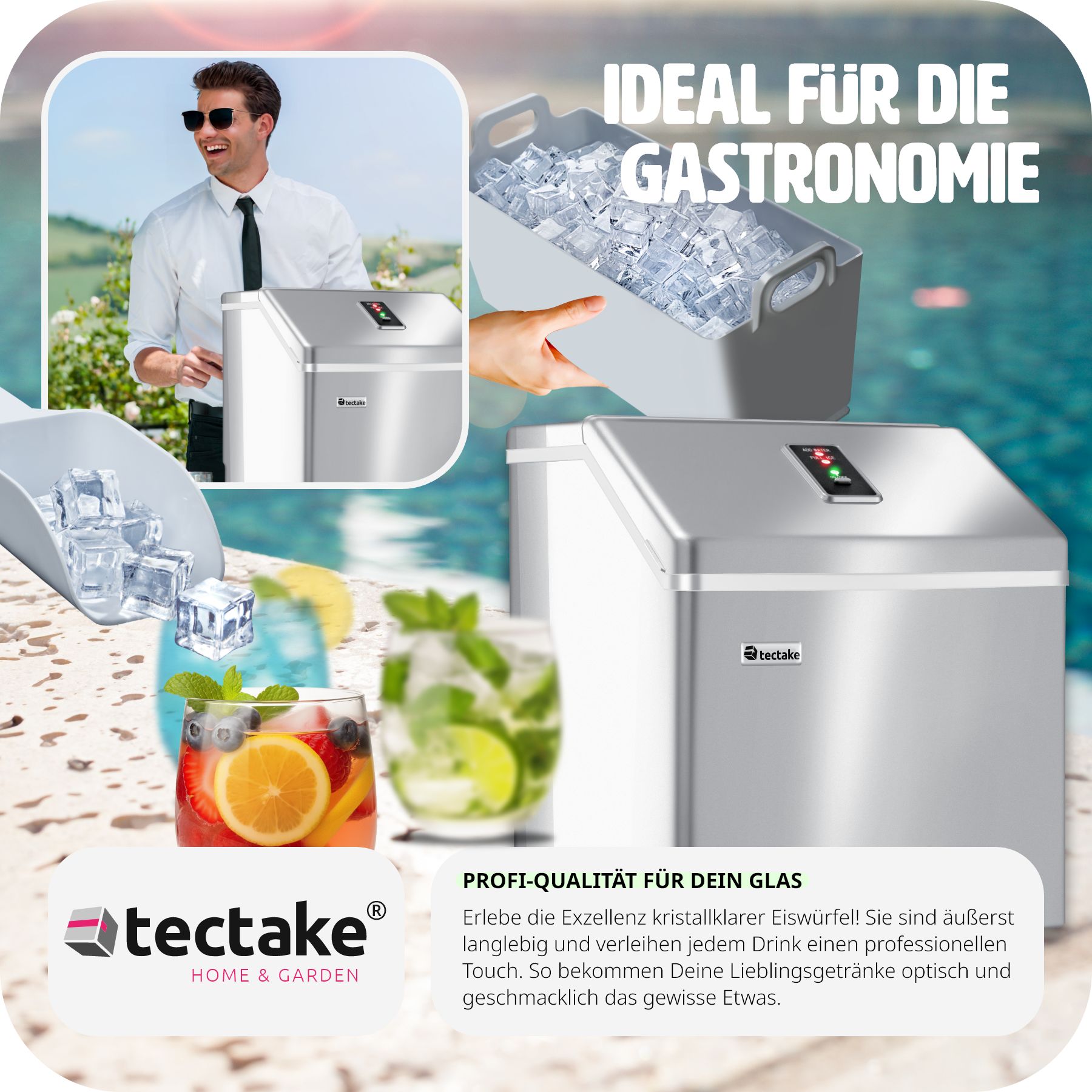 tectake® Eiswürfelmaschine, für klare Eiswürfel, 2,2 l Wassertank, 13 kg in 24 h, inklusive Eiskorb und Eisschaufel