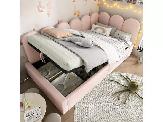 LIT GIGOGNE 90x190 cm,Lit de jour Canapé-lit avec rangement hydraulique, Lit d'enfant Velours, Rose, sans matelas