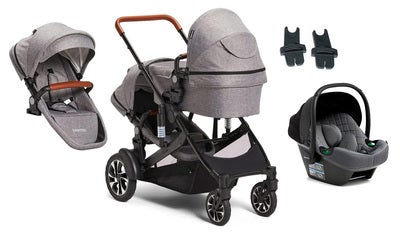 Beemoo Maxi 4 Twin Søskenvogn Inkl. Søskensete & Beemoo Route i-Size Babybilstol, Grey/Mineral Grey