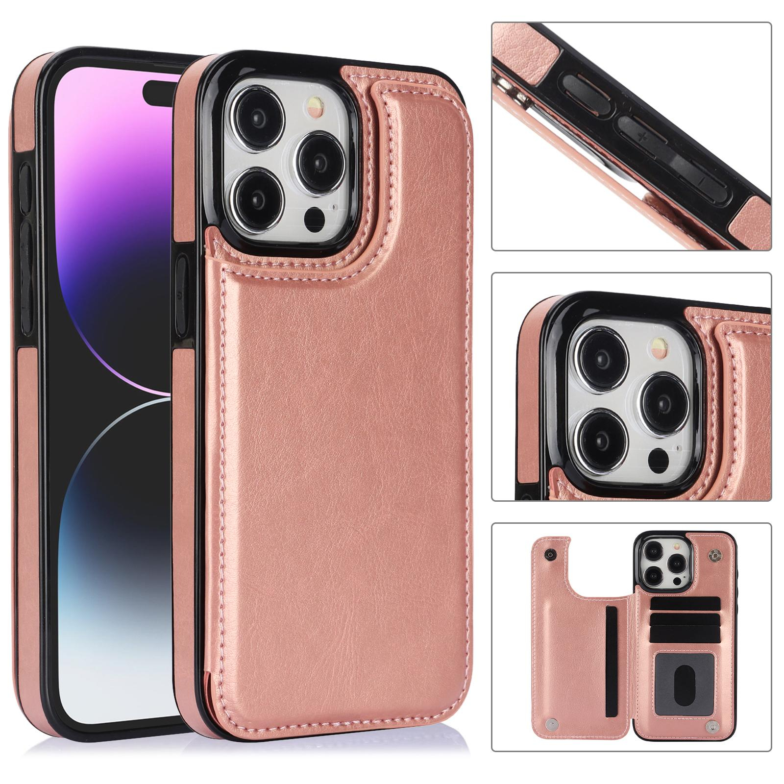 iPhone 15 Pro Hybrid Leder Hülle mit Kartenfach   Kickstand Aufsteller - Roségold
