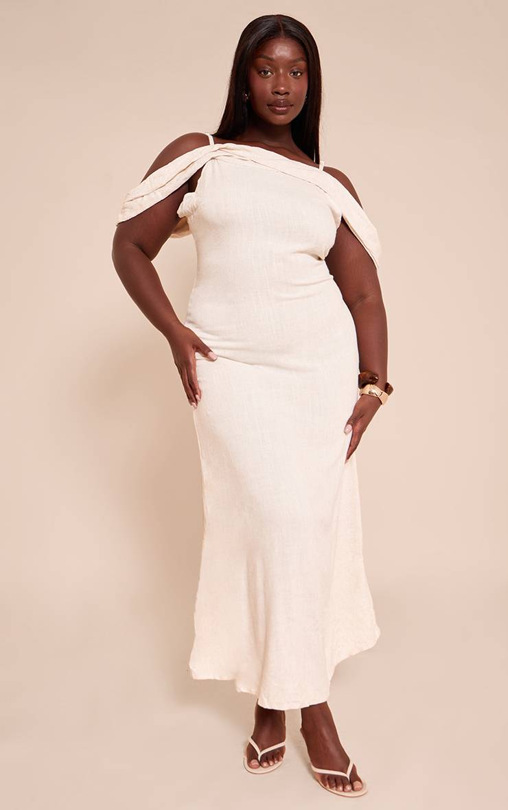 Naturel Robe Longue Grande Taille À Texture Avec Bretelles Et Détails Drapés