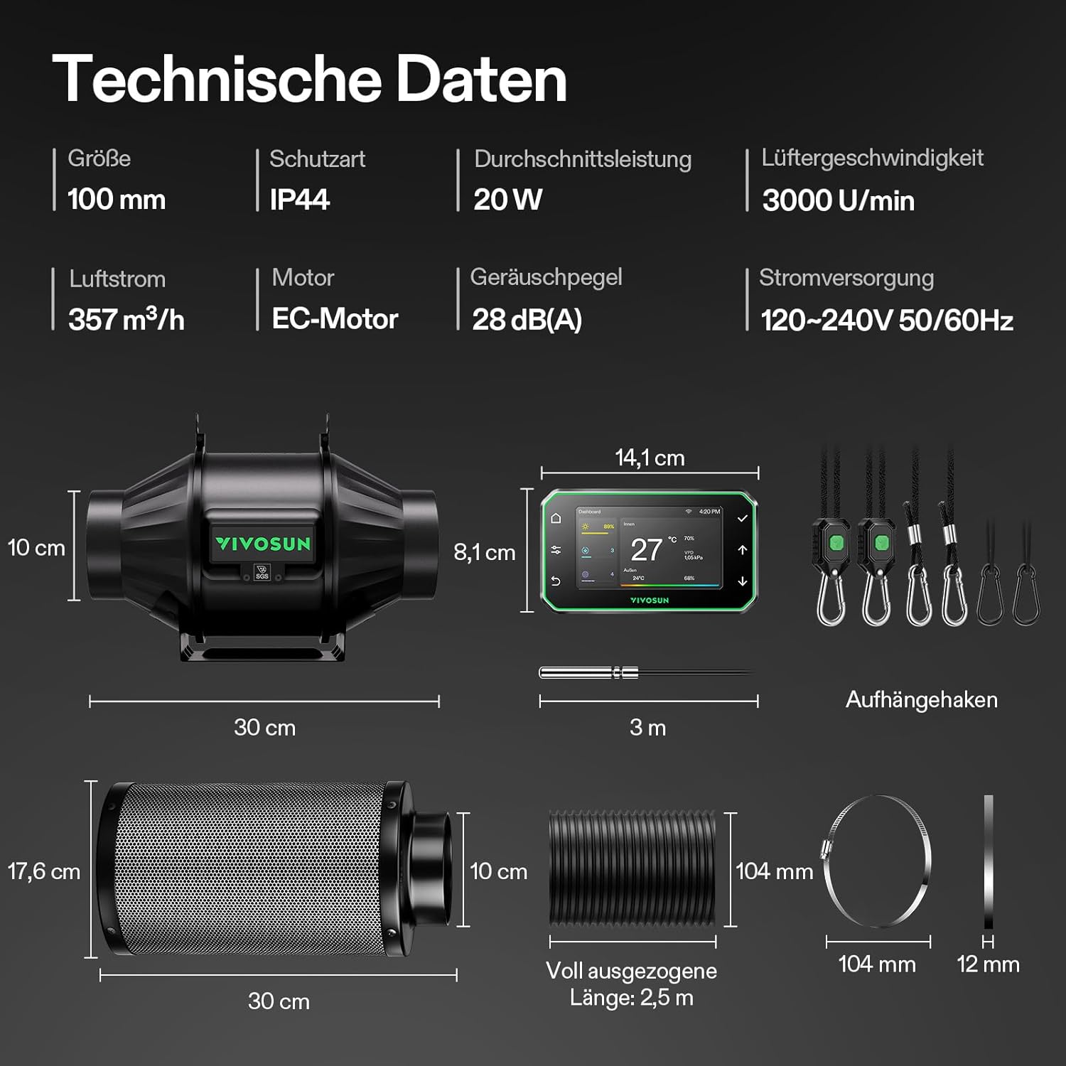VIVOSUN Abluftset Rohrventilator 100mm AeroZesh T4 Pro mit GrowHub E42A+, VPD-, Temperatur- und Feuchtigkeitssteuerung, APP Verbindung mit Aktivkohlefilter, Lüftungsschlauch für Growzelte Hydroponik