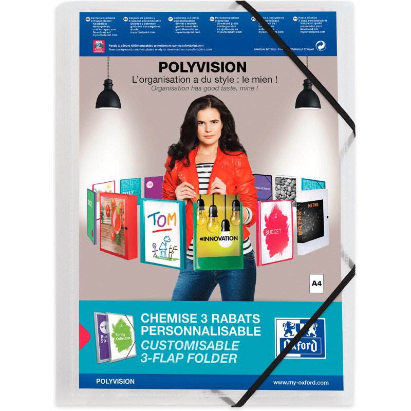 Chemise à élastique 3 rabats plastique personnalisable Oxford 24 x 32 cm dos 1,5 cm couleur