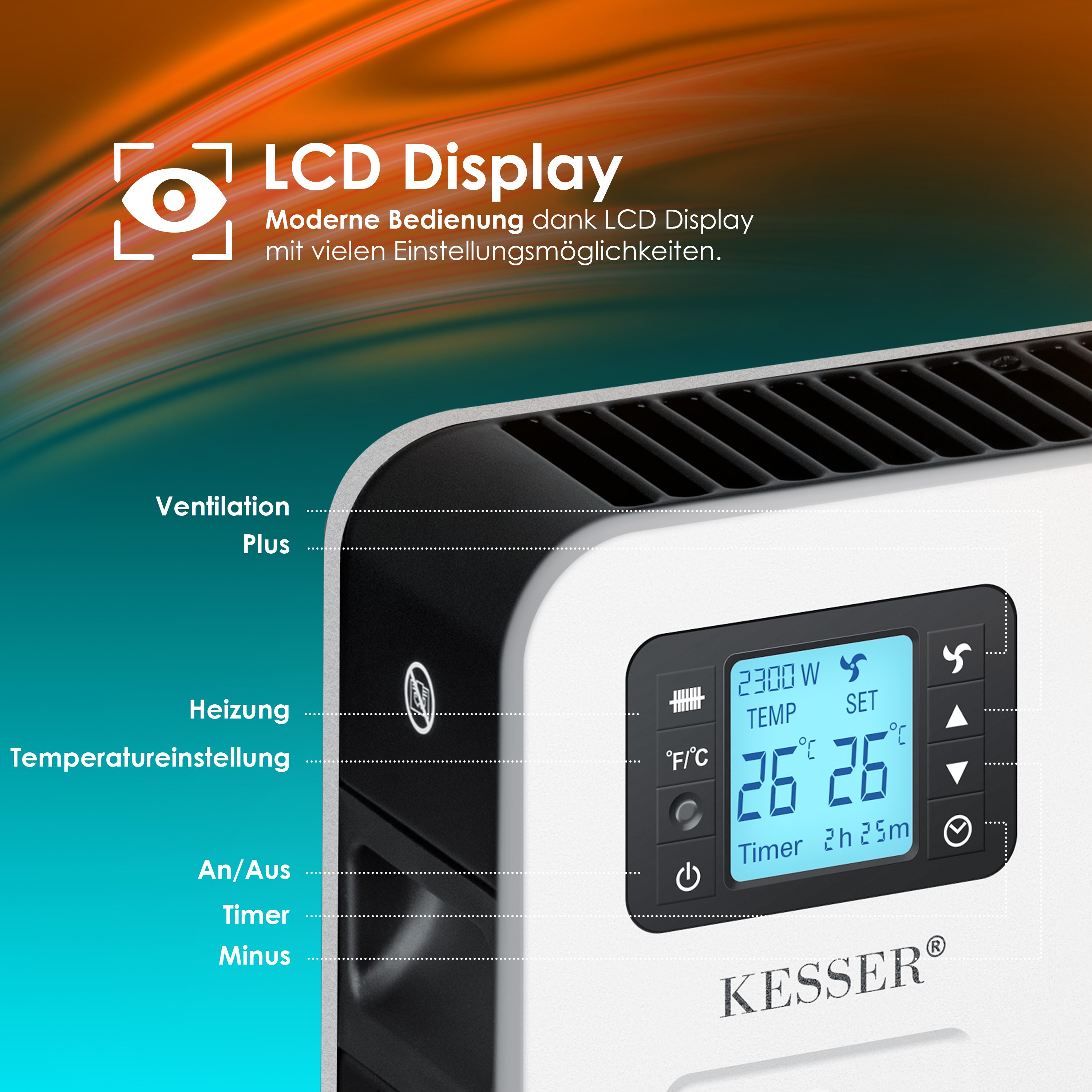 KESSER® Konvektor Premium 3 leistungsstarke Heizstufen Inkl. Fernbedienung integriertes Thermostat Elektroheizung LCD-Display Timer mobiles Heizgerät Energiesparend Überhitzungsschutz