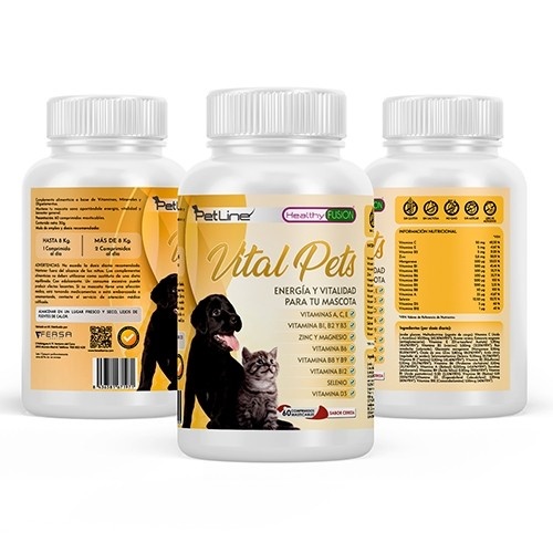 Linha de produtos para animais de estimação Vital Pets: complexo multivitamínico para cães e gatos.