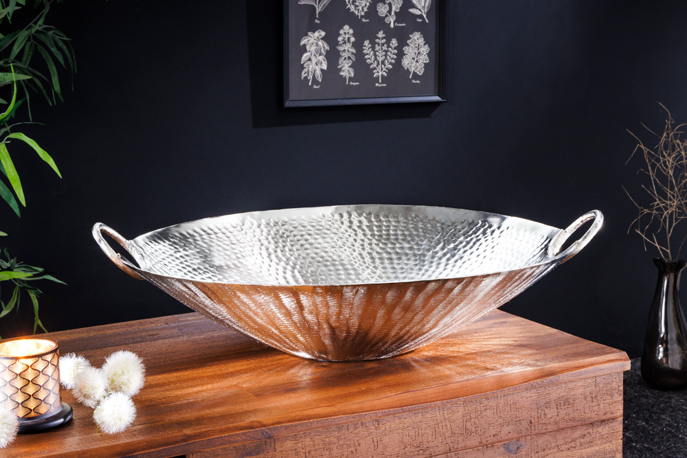 Handgearbeitete Deko Schale ORIENT 55cm silber Metall Hammerschlag Design