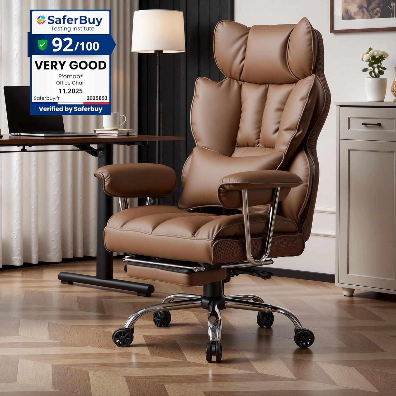Efomao bürostuhl ergonomisch, PU Leder Chefsessel, bürostuhl 200 kg mit Fußstütze und Lendenwirbelstütze, Verstellbarer Stuhl mit hoher Rückenlehne, Brauner