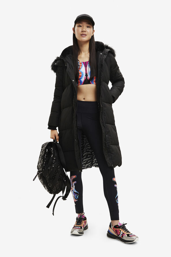Desigual White quilted coat with fur-effect hood 2000 negro