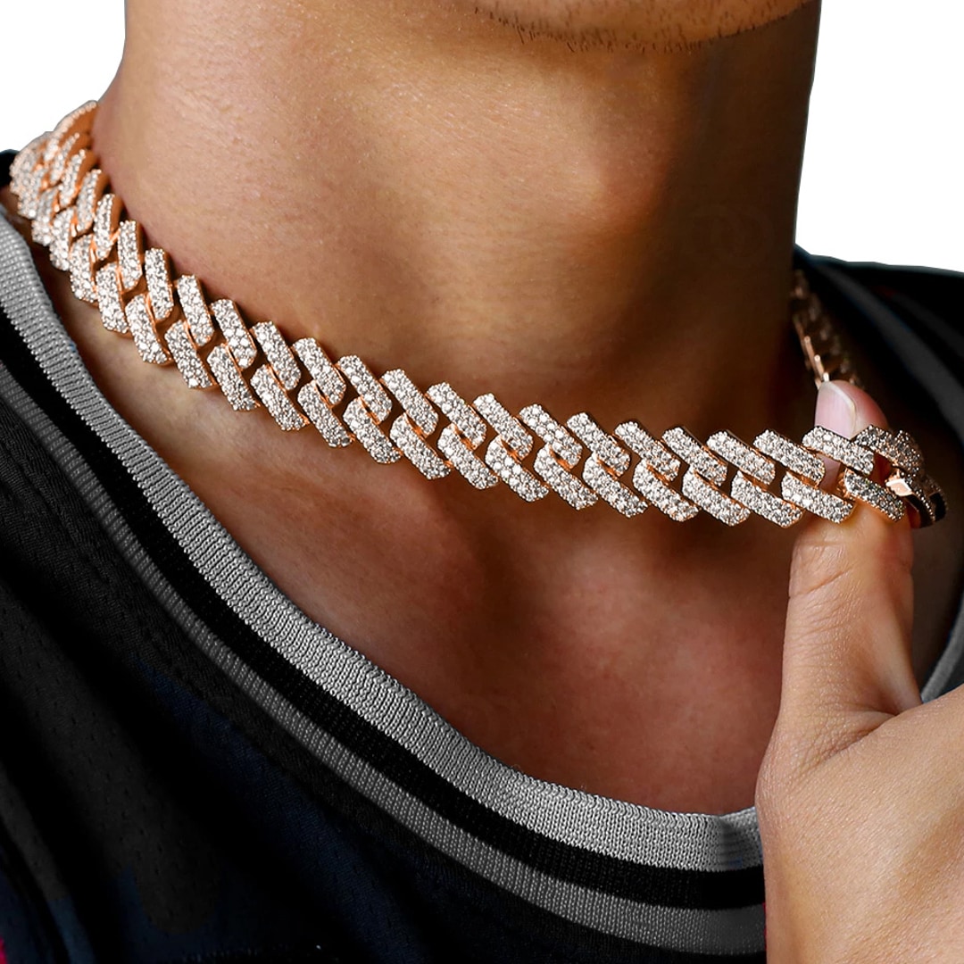 15mm Prong Cuban Link Panzerkette Rosé vergoldet mit Zirkonia