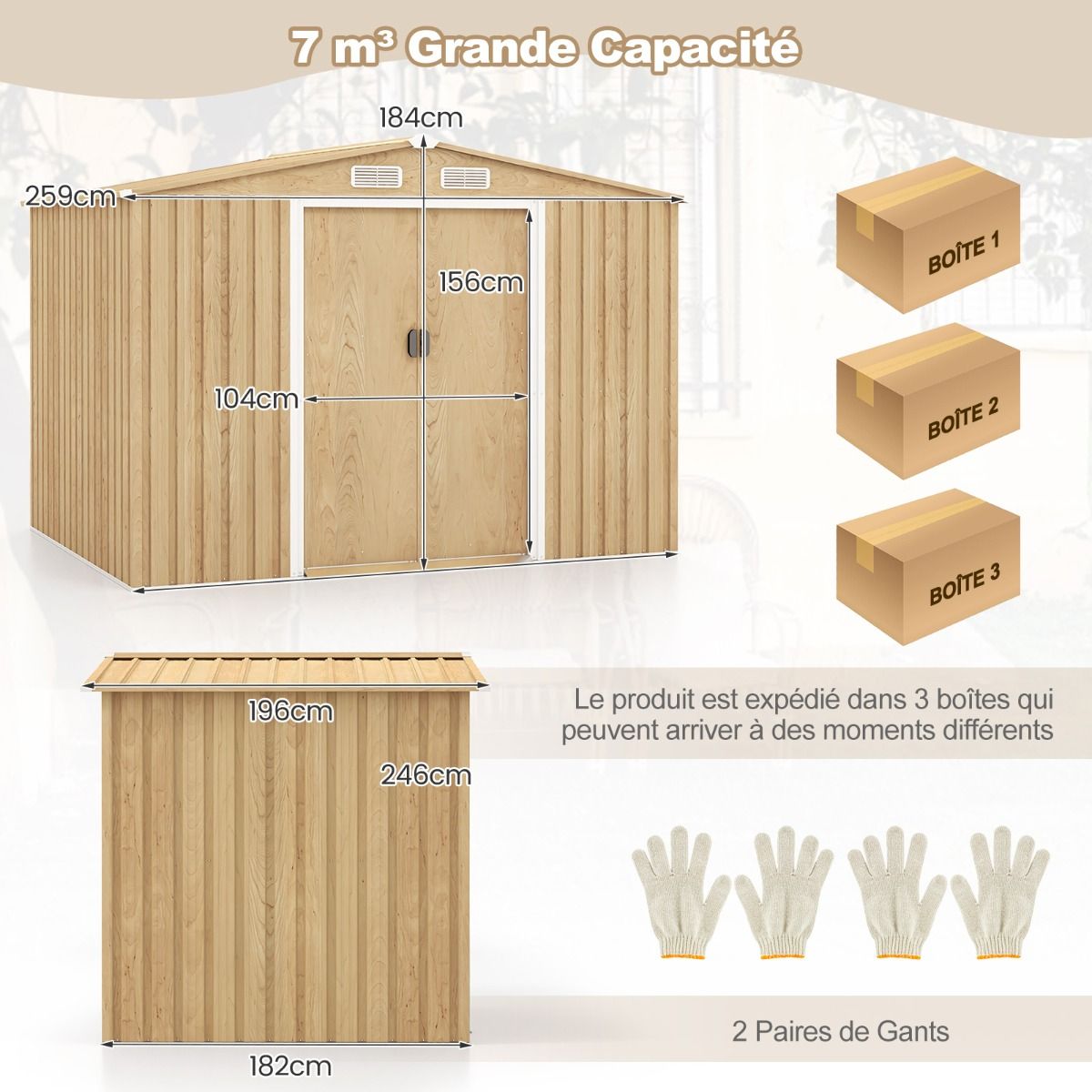 Abri de Rangement 259cm x196cm avec Base de Fondation Maison à Outils en Métal Galvanisé avec 4 Aérations Imperméable et Coupe-vent Naturel - Lidl-Manfred