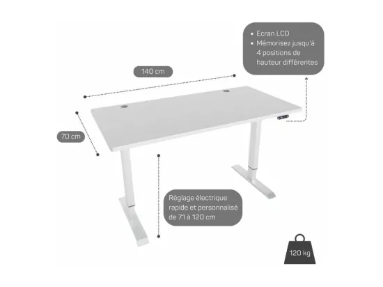 Bureau assis debout électrique 140*70 cm - Plateau Blanc / Pieds couleur au choix