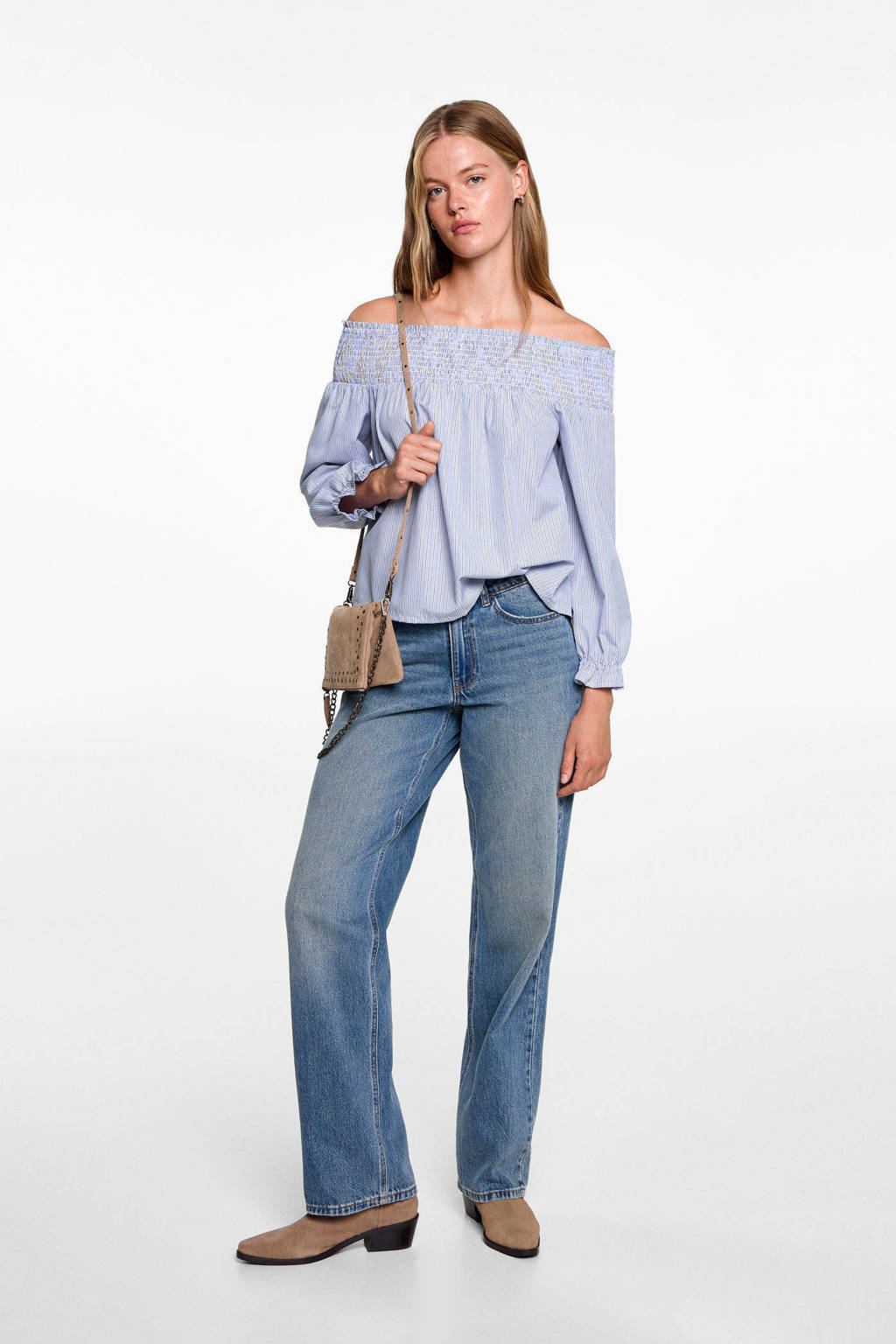 MANGO TEEN gestreepteoff shoulder top lichtblauw