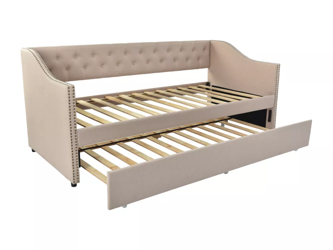 lit gigogne 90x200cm, canapé-lit, lit banquette 2 places, sommiers à lattes, canapé lit convertible style moderne - Beige