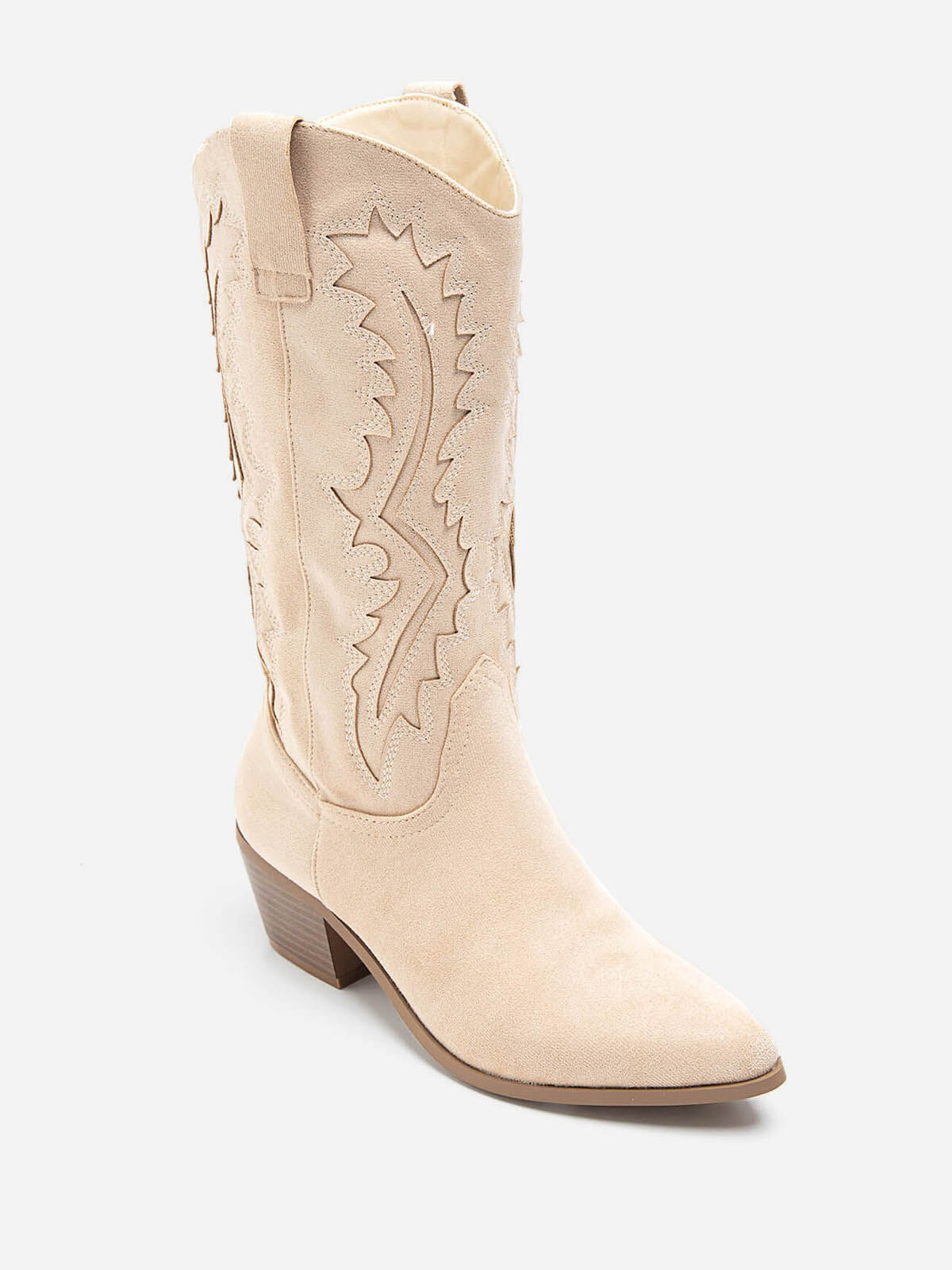 Santiags en suédine à talon et surpiqûres- Beige