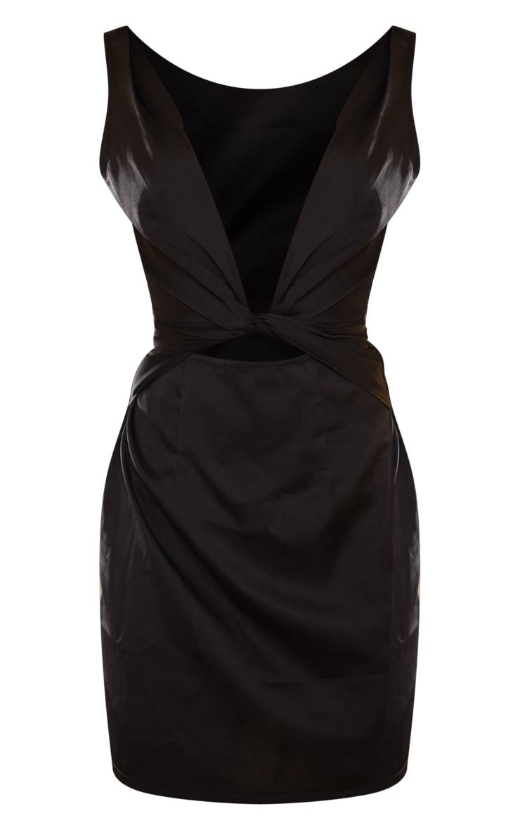 Noir Robe Moulante En Satin À Décolleté Plongeant Extrême Avec Ceinture À Nouer Et Drapé