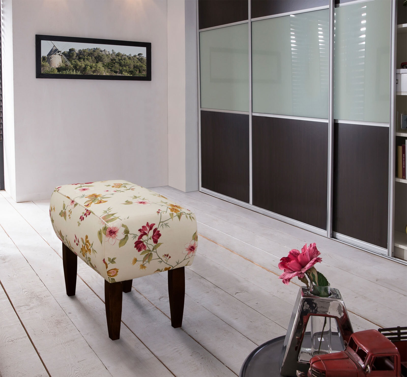 Polsterhocker Emmen Blumenmuster Beige/Rot/Ocker 60x99x73 cm