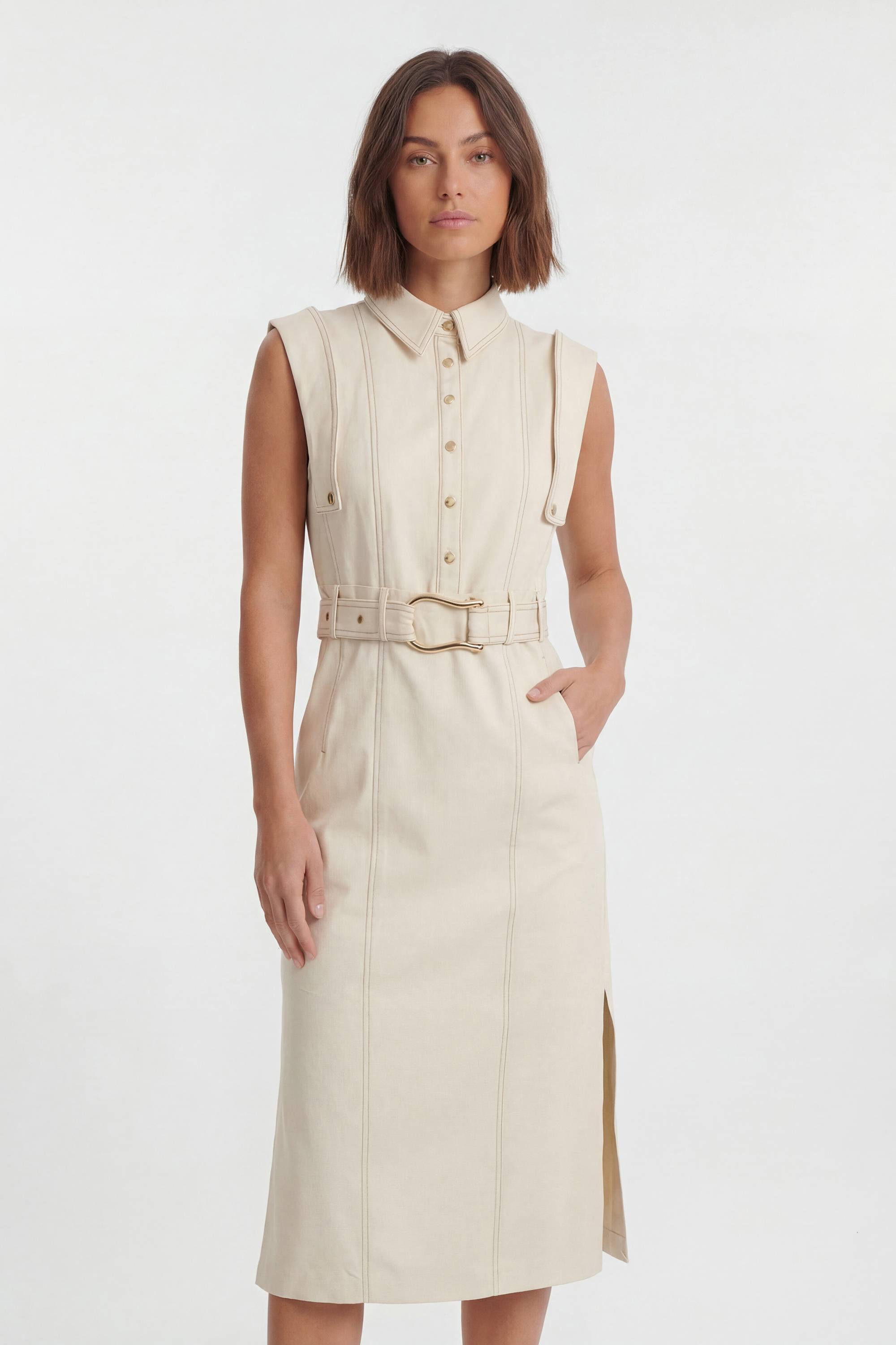 KarenMillen Robe Midi Cintrée Petite Taille Avec Ceinture Et Détails De Surpiqûres