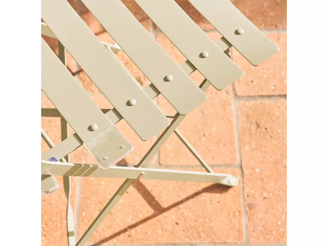 Table de jardin bistrot pliante métal + 2 assises beige Ø60 x 70cm. acier thermolaqué