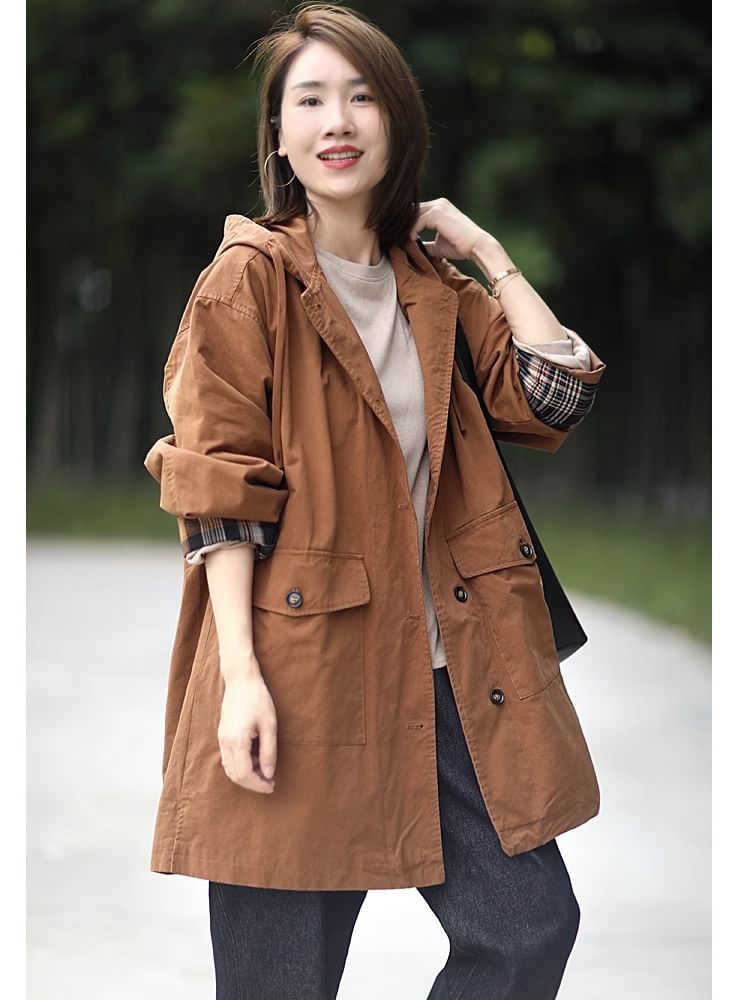 ZIMO - Effen trenchcoat met capuchon en enkele rij knopen