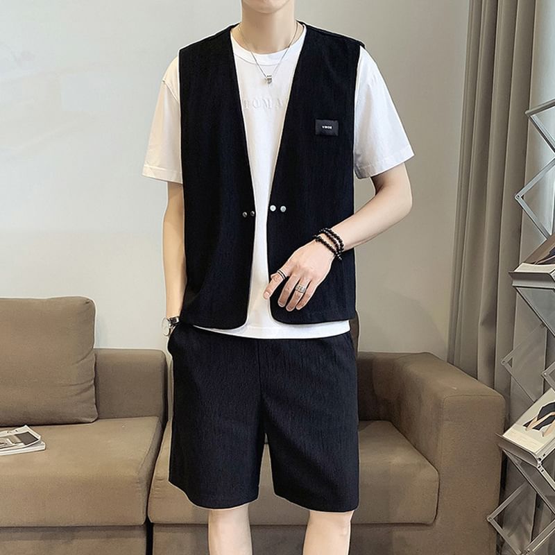 Cowpow - Set: V-hals effen dubbelrijs vest + shorts met trekkoord in de taille