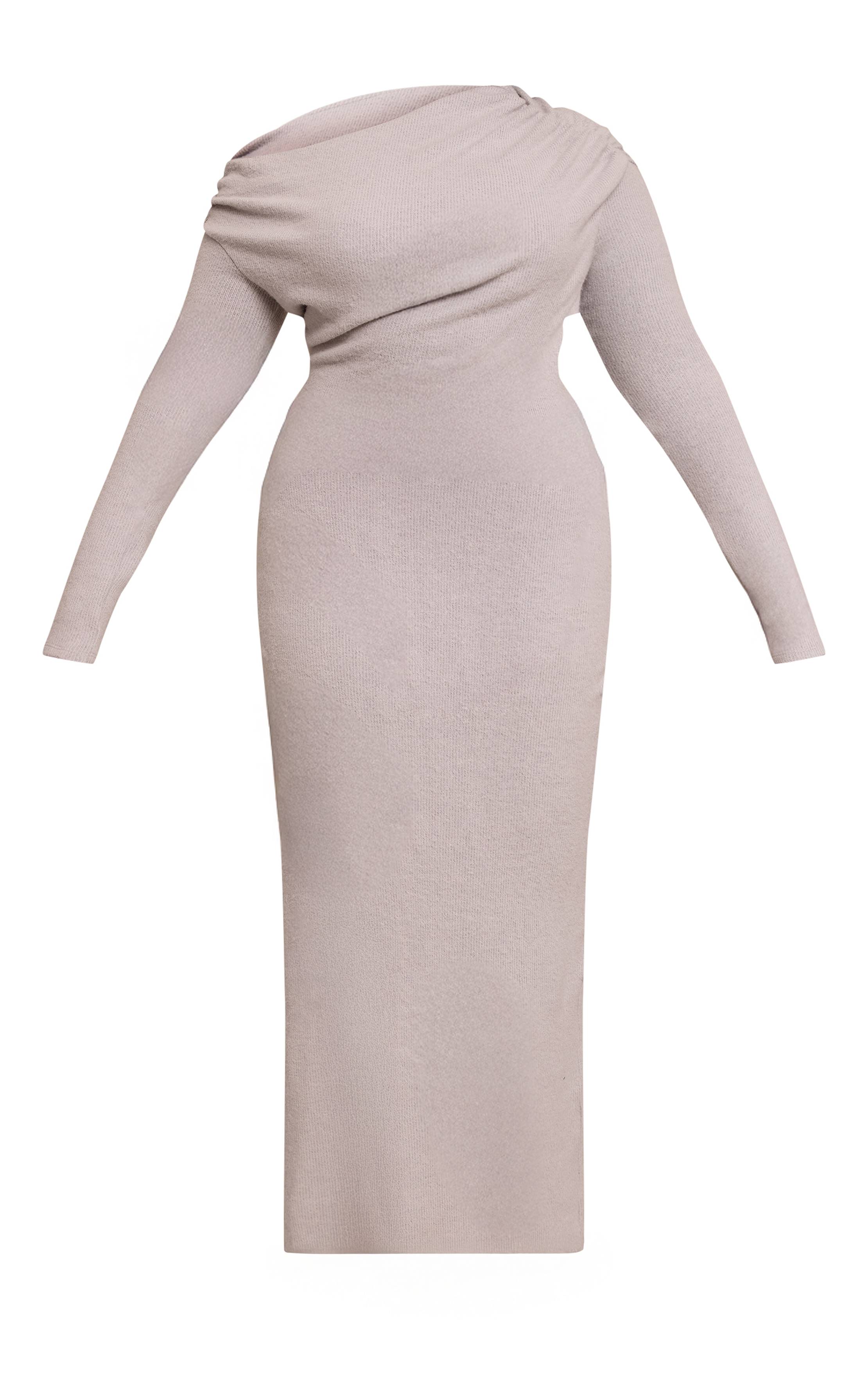 Gris Clair Robe Maxi Grande Taille En Côtes Brossées À Manches Longues Avec Détails Froncés