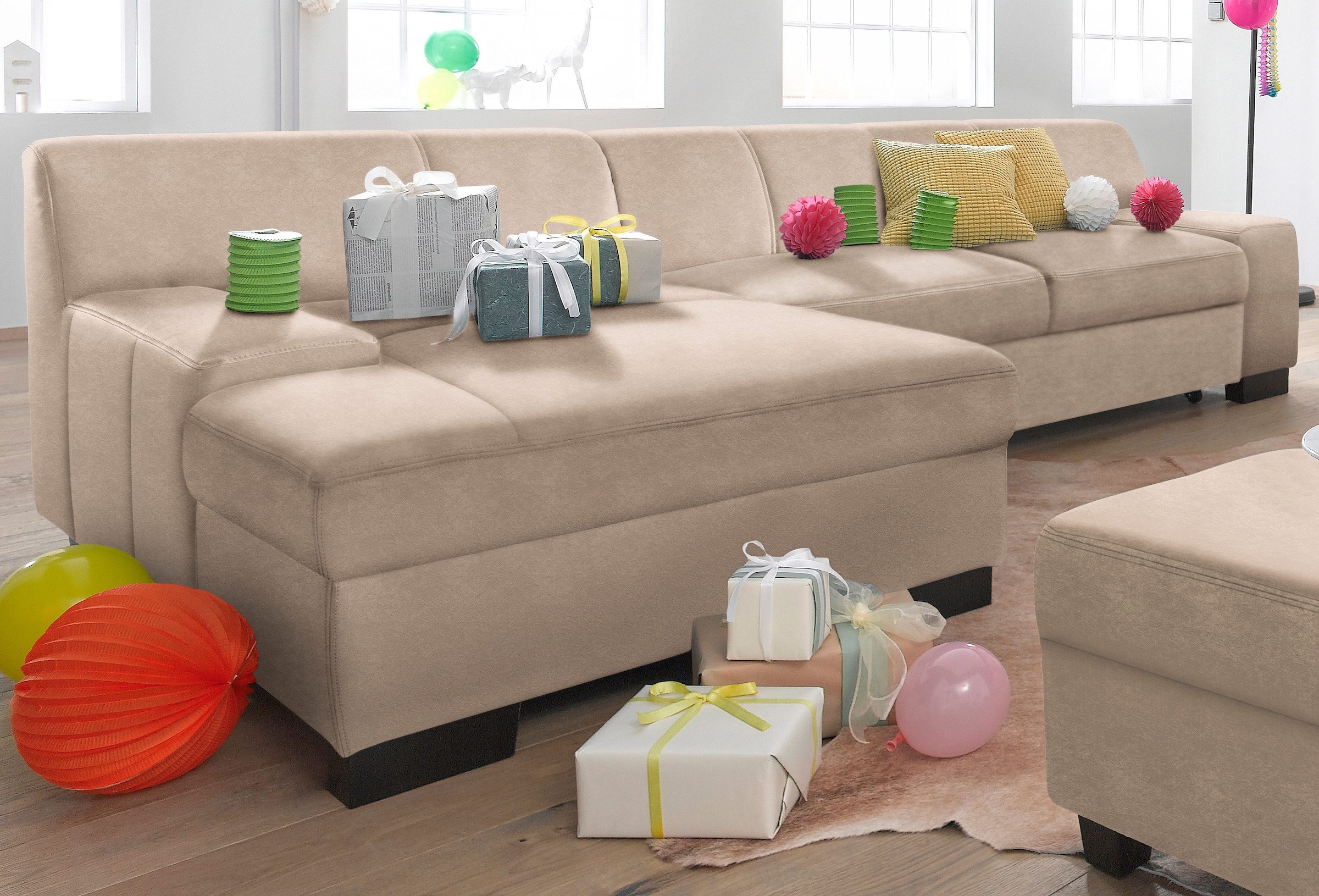 DOMO collection Ecksofa »Norma, elegant & modern, mit flachen Armlehnen, Breite 268cm, L-Form« wahlweise mit Bettfunktion