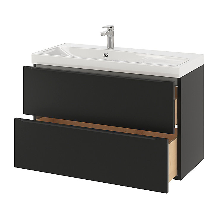 Ensemble salle de bains l.100 cm meuble à suspendre Imandra noir mat + plan vasque résine blanc