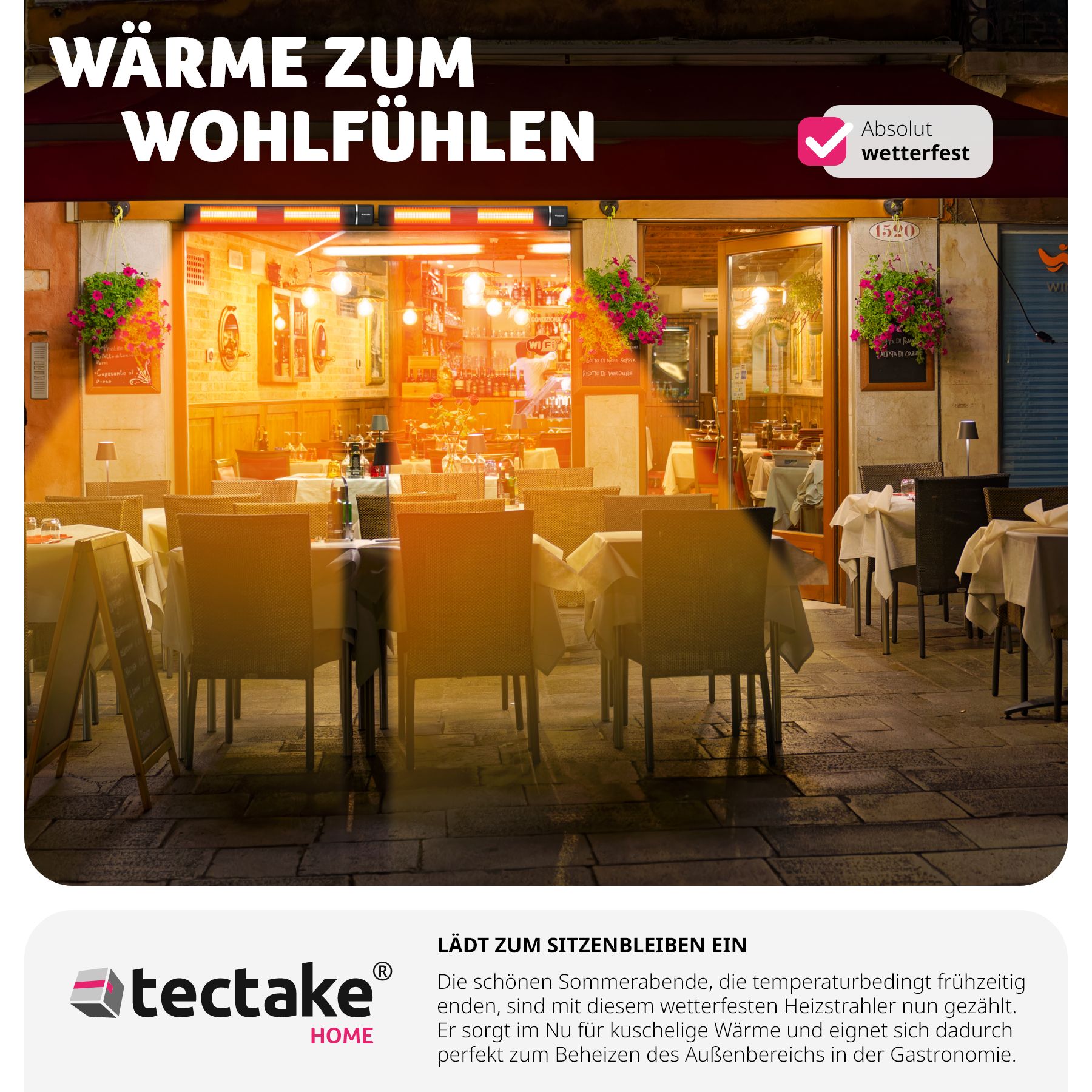 tectake® Infrarotheizstrahler , 3 Leistungsstufen, 1000, 2000 und 3000 W, Aluminiumgehäuse, neigbar, einfache Montage, 95 x 11 x 10,5 cm