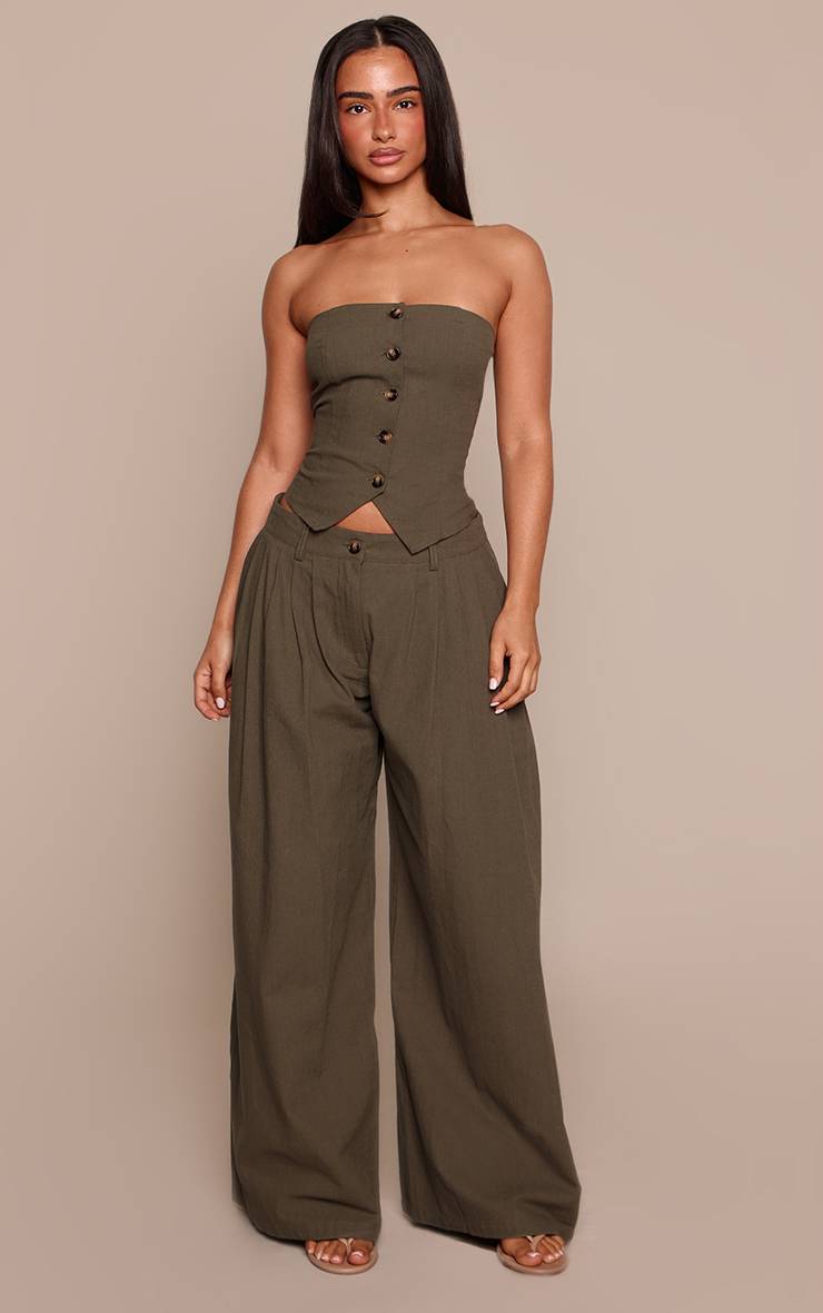 Dark Khaki Haut Bandeau Boutonné Aspect Lin Co-ord Petite