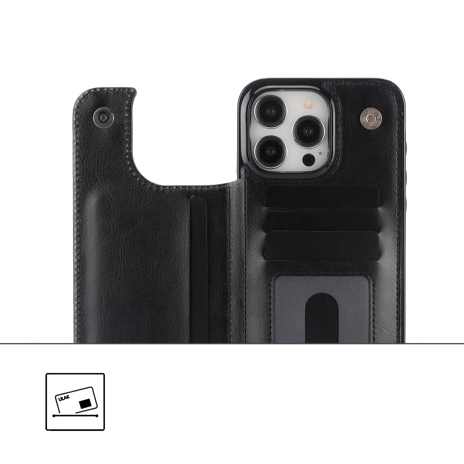 iPhone 15 Pro Hybrid Leder Hülle mit Kartenfach   Kickstand Aufsteller - Schwarz
