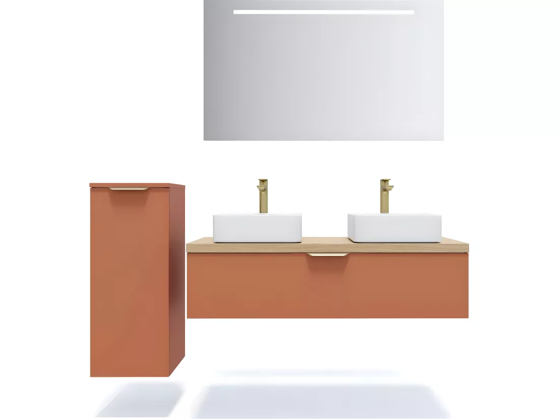 Meuble de salle de bain suspendu 2 vasques à poser 120cm 1 tiroir Terracotta - Venice