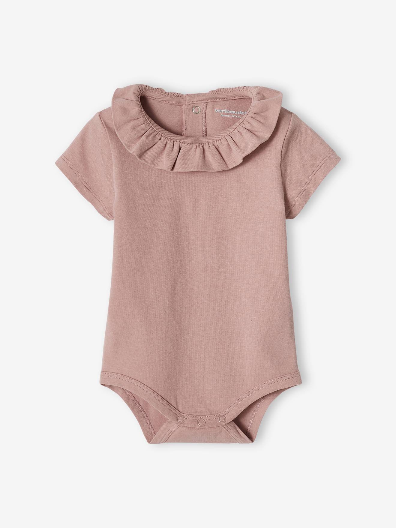Conjunto de 2 bodies de manga curta para bebê com gola fantasia lilás claro.