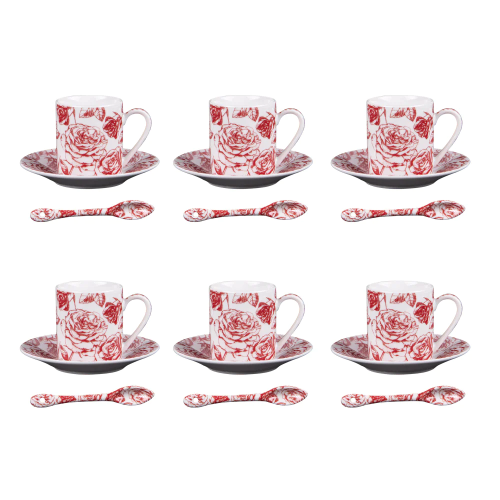 Coffret de 6 tasses à café et sous tasses assorties + cuillères Louise