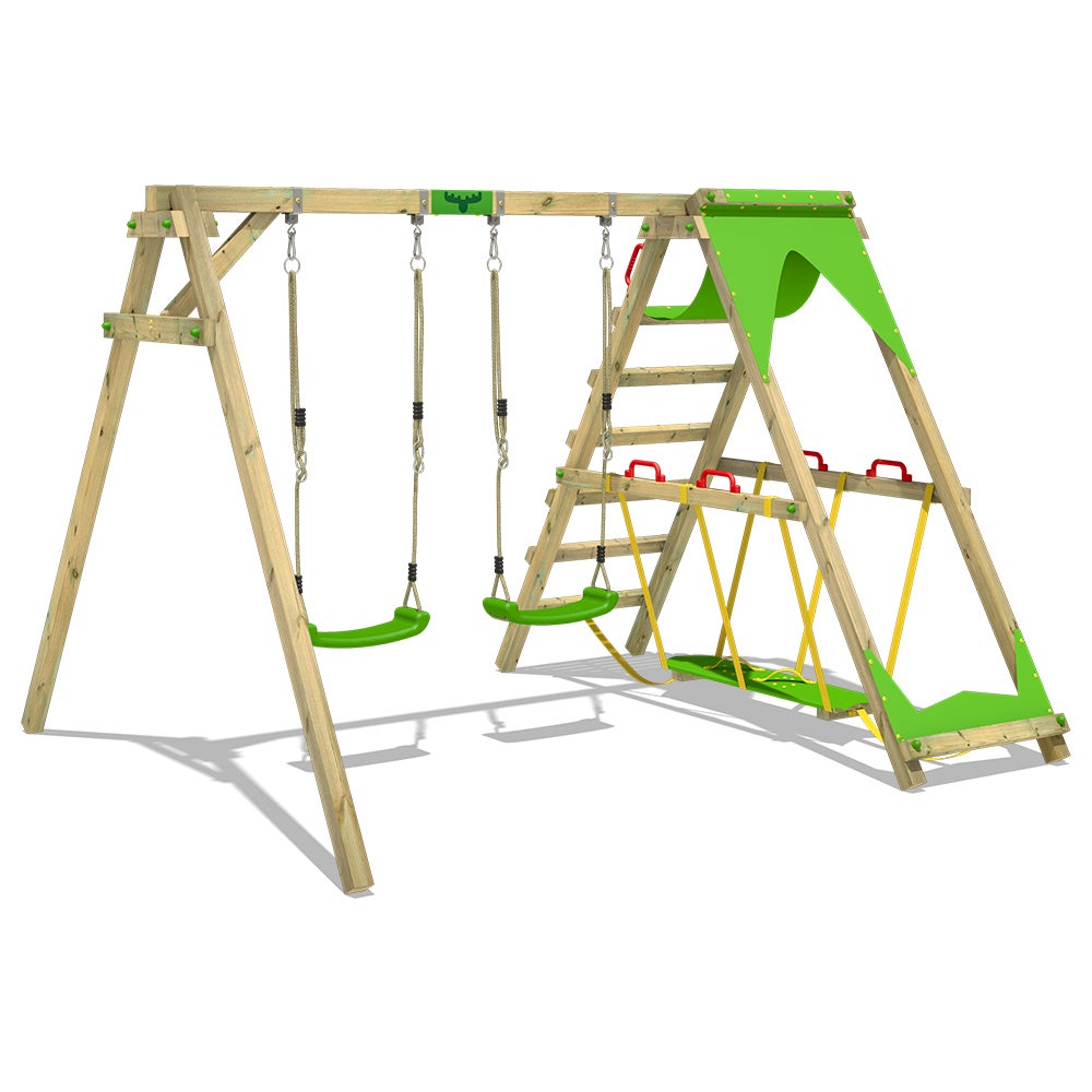 FATMOOSE Kinderschommelset JollyJade Schommel, Schommelframe, Dubbele Schommel, Houten Schommel met Klimopbevestiging - Appelgroen