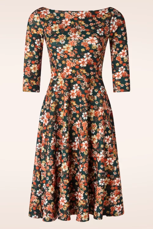Vintage Chic for Topvintage Nina Flower swing jurk in groen en oranje