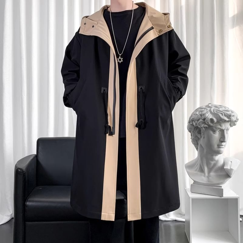 emeisa - Mock Two-Piece Two Tone Hooded Midi Zip Coat