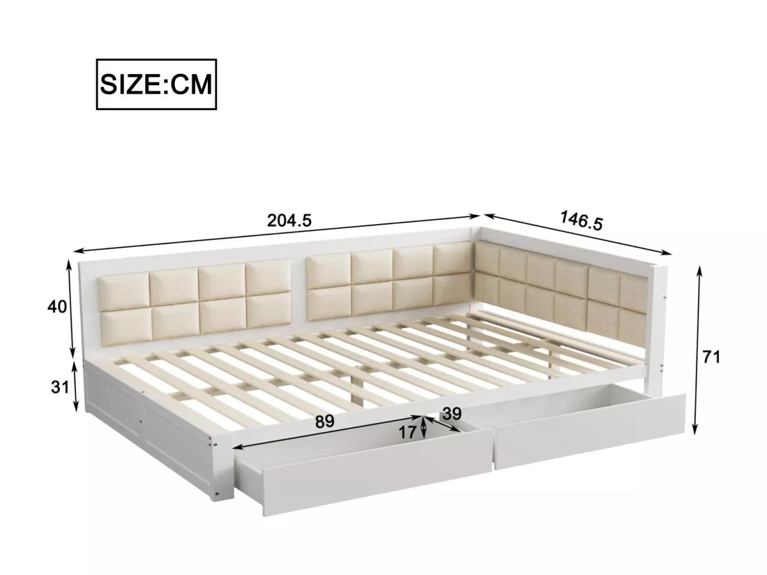 Lit banquette rembourré 140x200cm - avec 2 tiroirs et sommier à lattes - Blanc